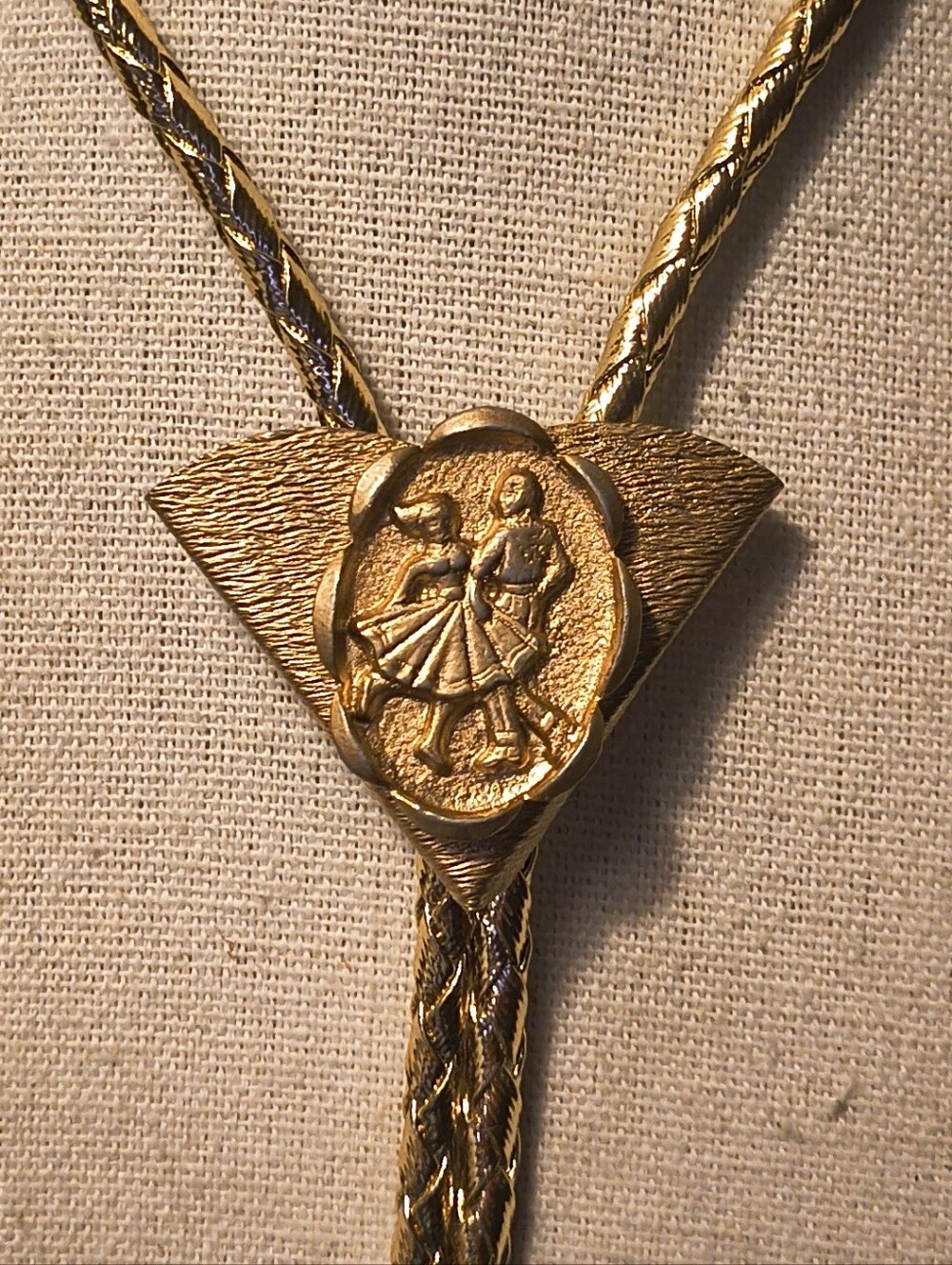 Vtg 70s Square Dance Couple Bolo Tie Fancy Gold Tone Western Braided Cord Cowboy